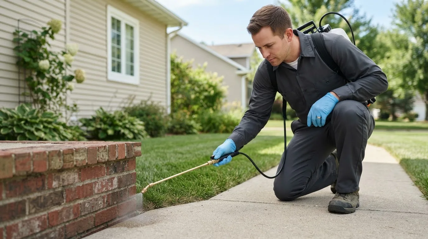Pest control technician treating a home near Mentone, IN